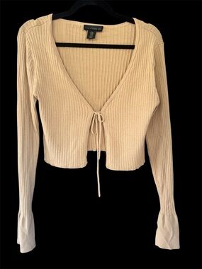House of Harlow 1960 Beige Ribbed Tie-Front Cropped Sweater Top size M